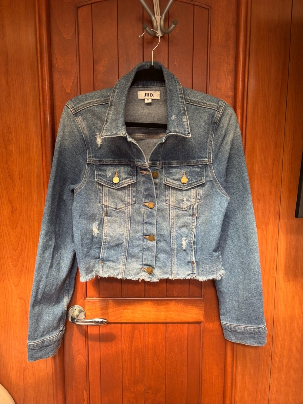 JBD Distressed Cropped Denim Jacket in Medium Blue
